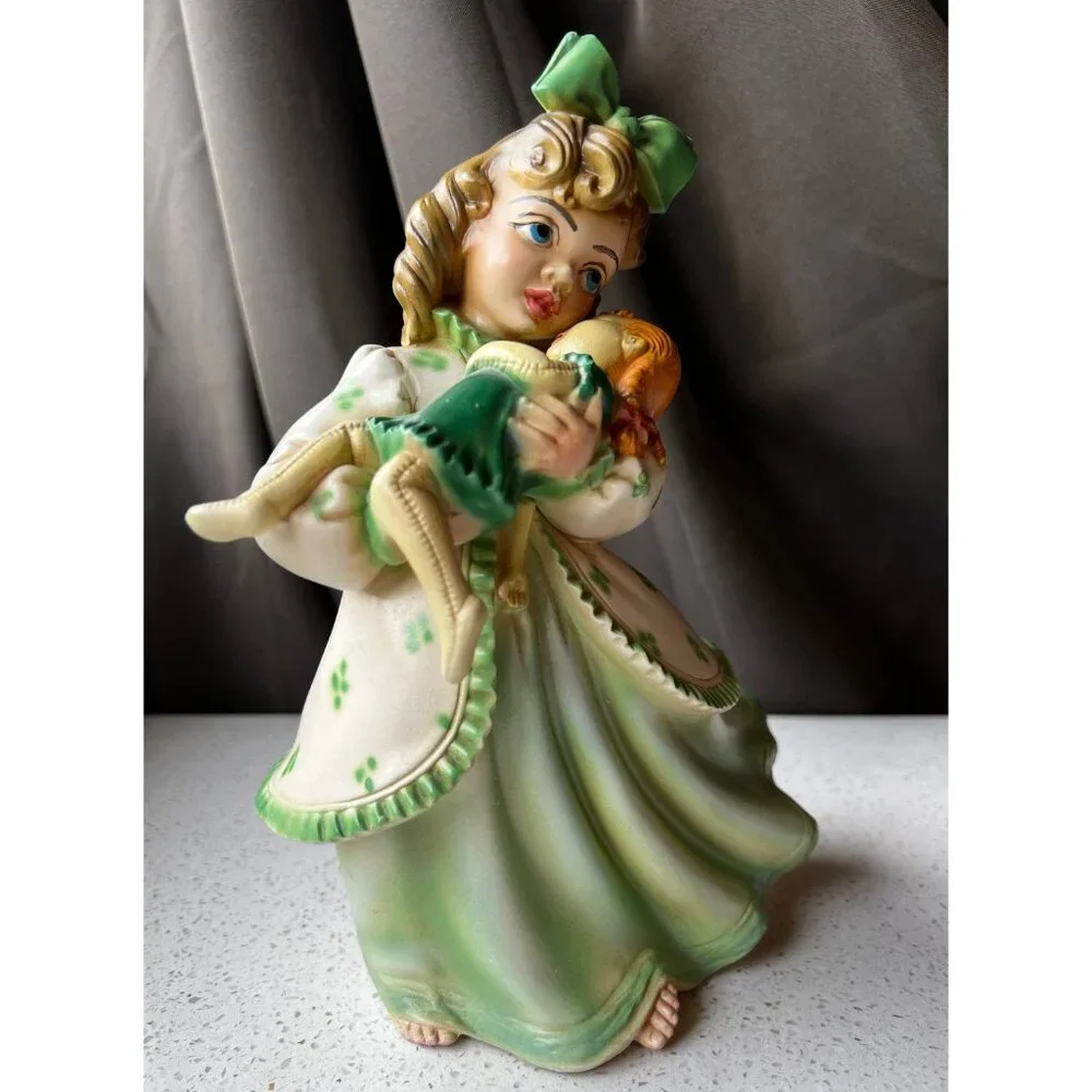 Signed Shull Ceramic Chalkware Girl with Doll 9” Figurine